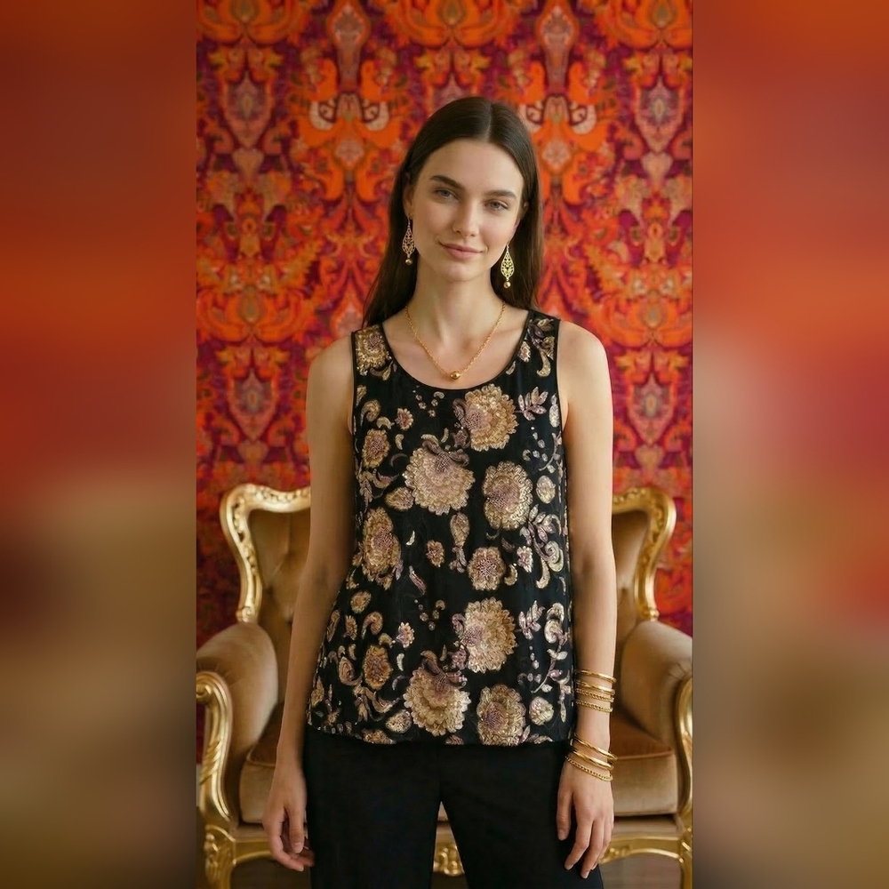 Embroidered Floral Tank Top - Black and Gold Boho Size L‎